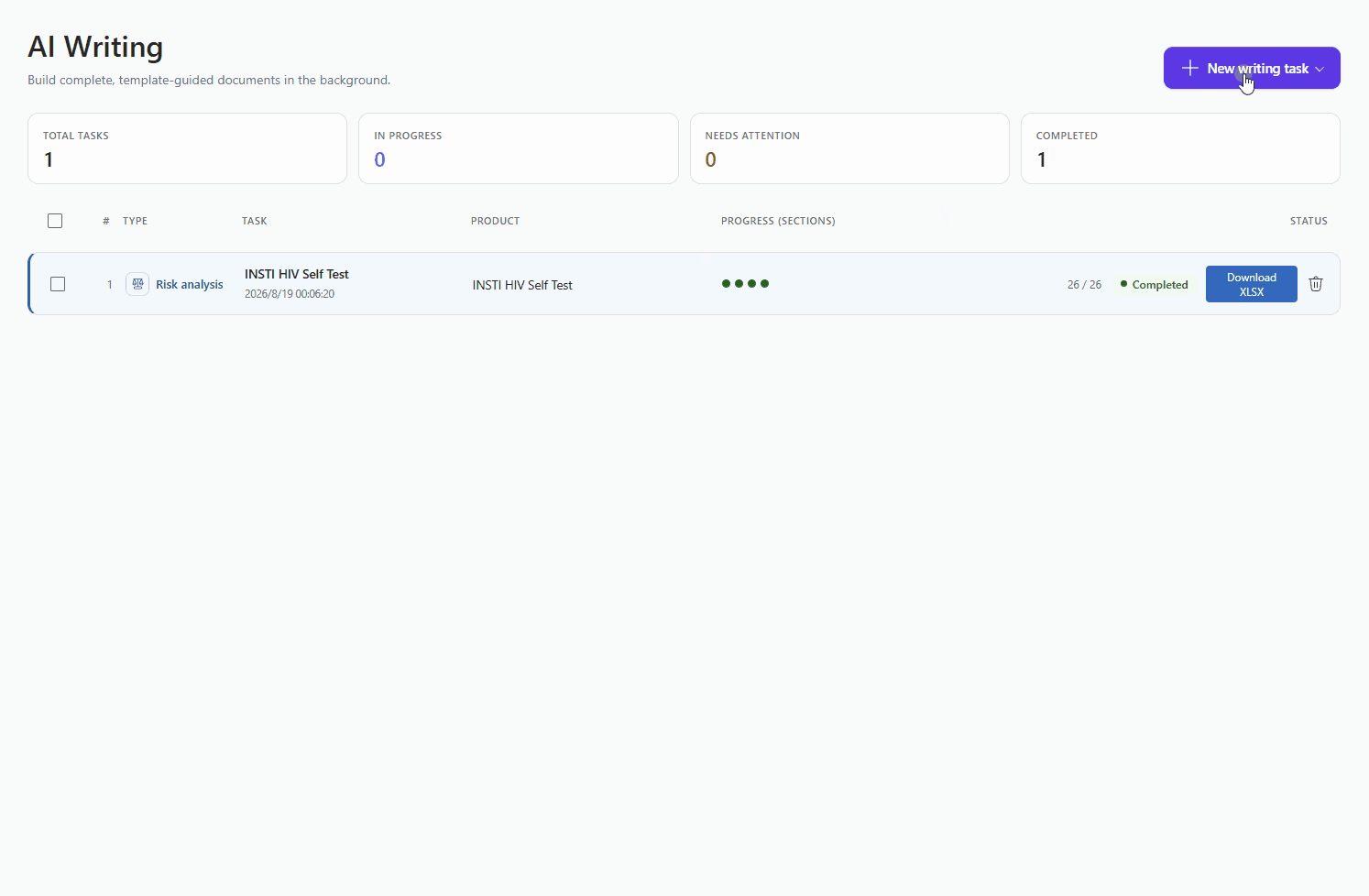 Step 1 — filling in the device profile: uploading an IFU and watching the AI populate device type, intended use, users, and environment, leaving already-typed fields untouched.