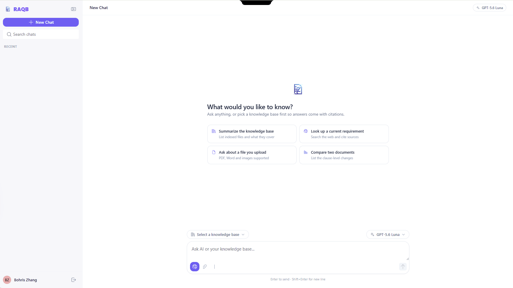 Asking a regulatory question in AI Chat with a knowledge base selected: choosing