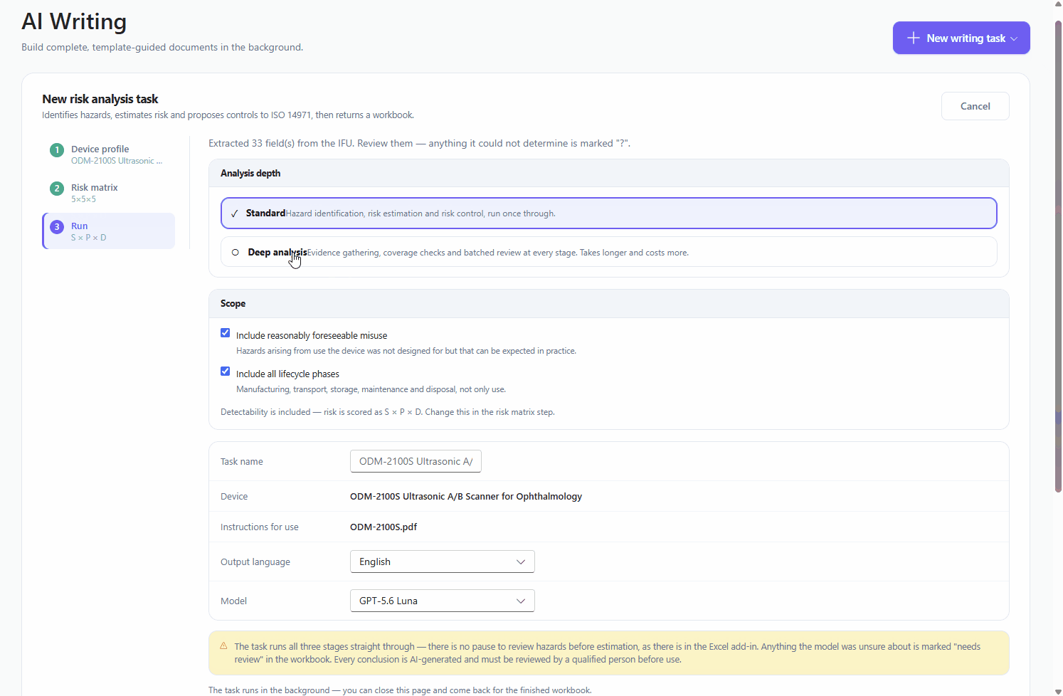 Step 3 — choosing run settings: switching between standard and deep analysis, with misuse scenarios and full lifecycle coverage enabled by default.