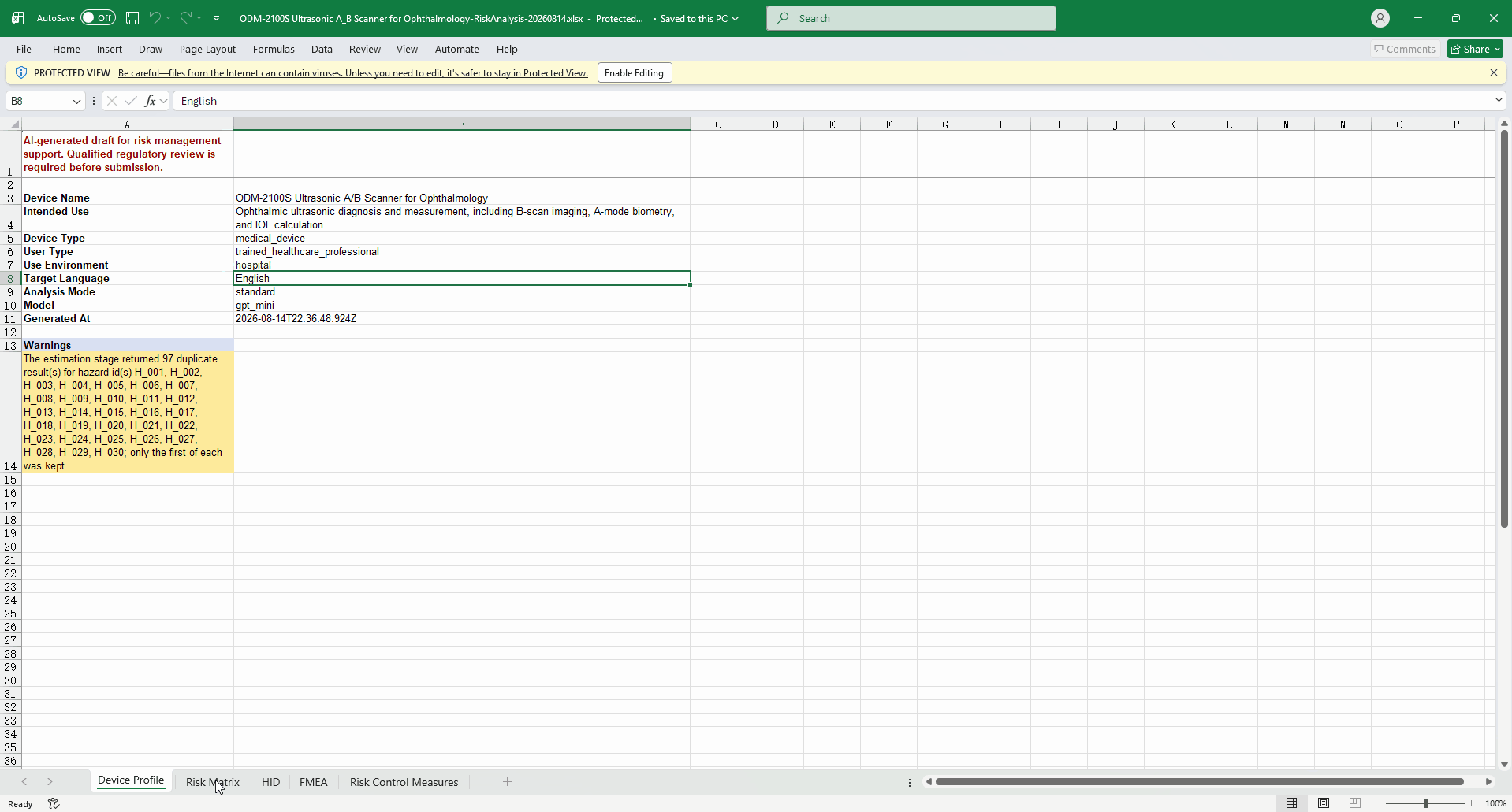 The finished FMEA workbook in Excel: scrolling through the Hazard Identification, FMEA, and Risk Control Measures sheets, showing per-row severity and probability scores, CN1/CN2/CN3 control tags, and the evidence reference columns.