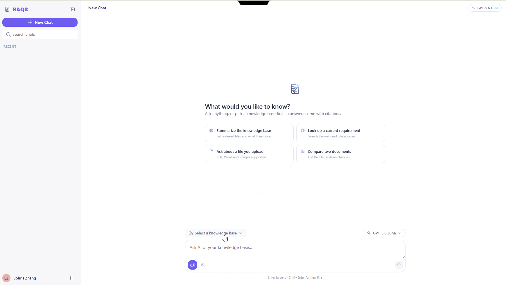 Asking a regulatory question in AI Chat with a public knowledge base selected: choosing the knowledge base from the picker above the input box, the answer streaming in, and the Sources section expanding to show the exact cited passages from the indexed regulation.