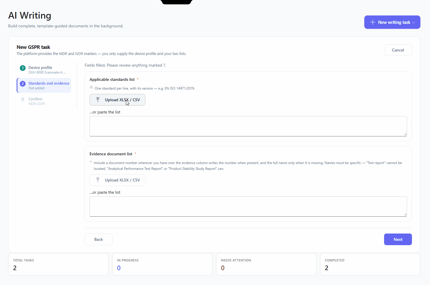 Step 2 — uploading the standards and evidence lists with their parse counts