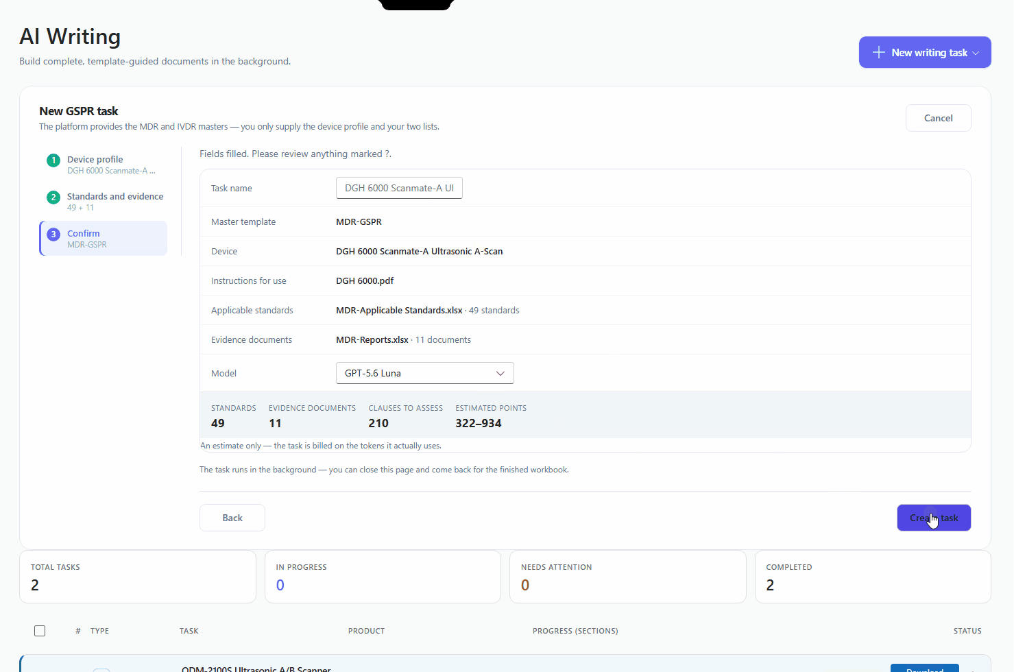 Step 3 — the confirmation screen and the run being created